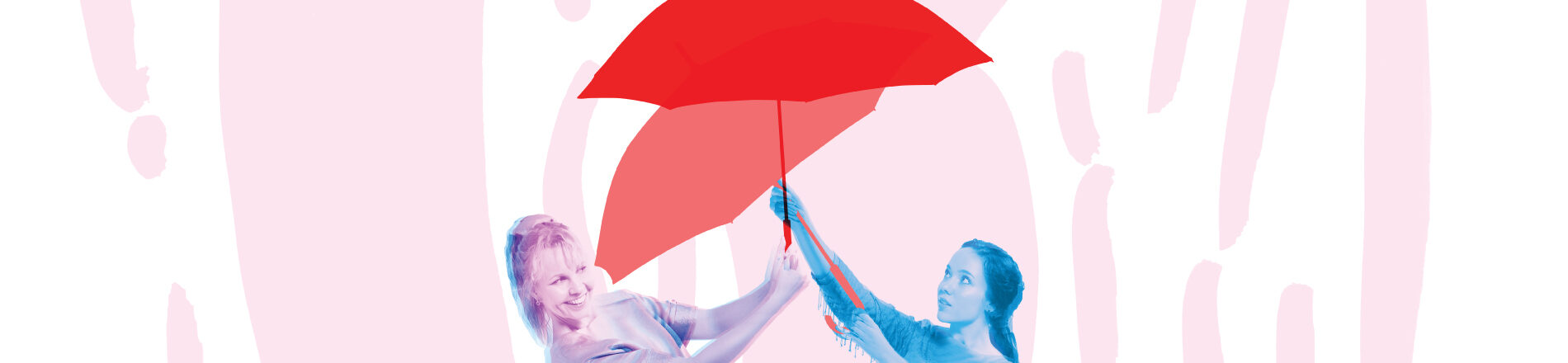 Kaks naisnäitlejat erkpunase vihmavarjuga