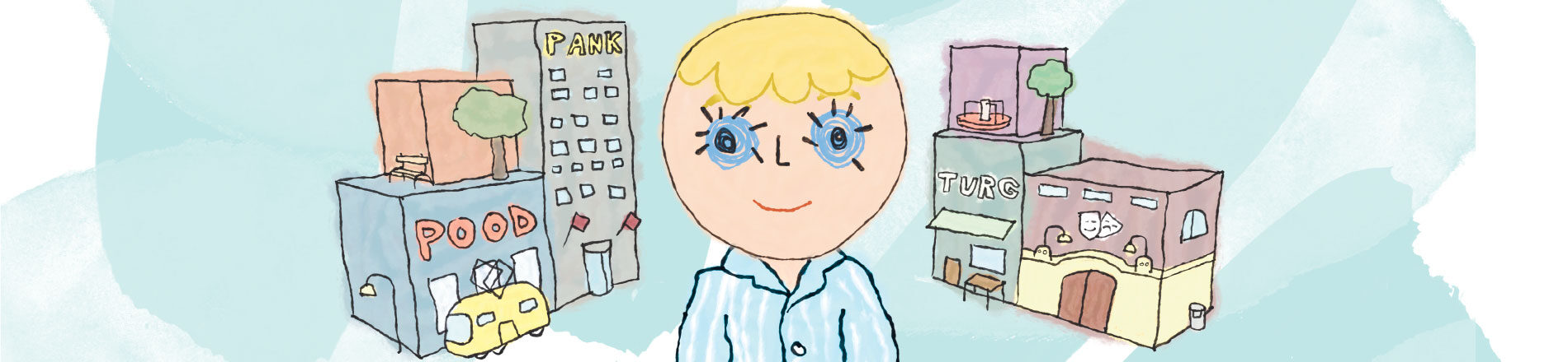 Joonistatud pilt siniste silmadega poisist, taustal linnamajad