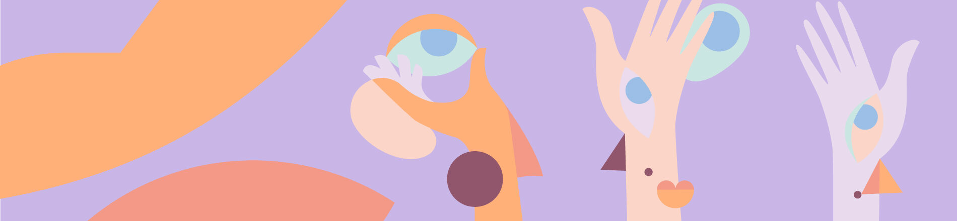 Lillal taustal värvilised objektid: käsi, silm, täpid, kujundid