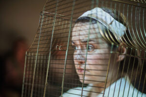 Värviline lähivaates portreefoto naistegelasest. Tema pead ja õlgu ümbritseb kuldset värvi linnupuur. Tal on peas valge peapael, tema pilk on murelik ning suunatud kaugusesse.